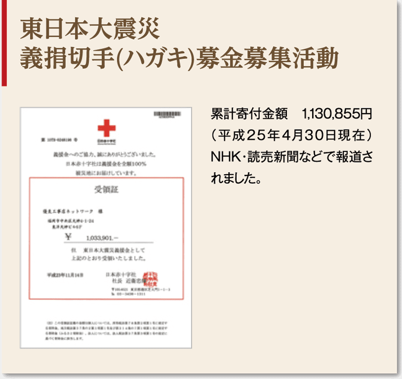 東日本大震災義捐切手(ハガキ)募金募集活動 累計寄付金額　1,130,855円（平成25年4月30日現在）NHK・読売新聞などで報道されました。
